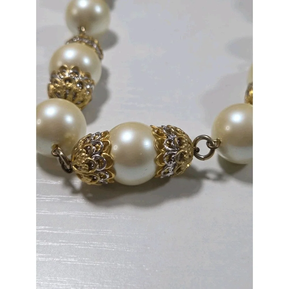 Vintage Statement Faux Pearl Necklace w/ Alternating Gold Filigree Spacers - Picture 3 of 5